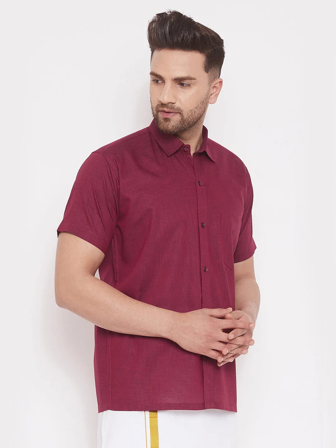 VASTRAMAY Men's Maroon Cotton Blend Ethnic Shirt