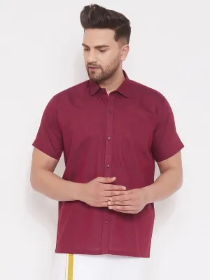 VASTRAMAY Men's Maroon Cotton Blend Ethnic Shirt