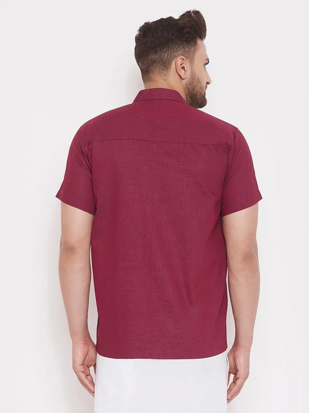 VASTRAMAY Men's Maroon Cotton Blend Ethnic Shirt