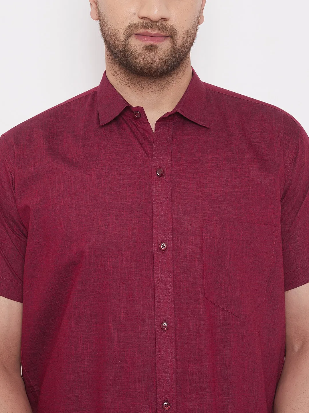 VASTRAMAY Men's Maroon Cotton Blend Ethnic Shirt