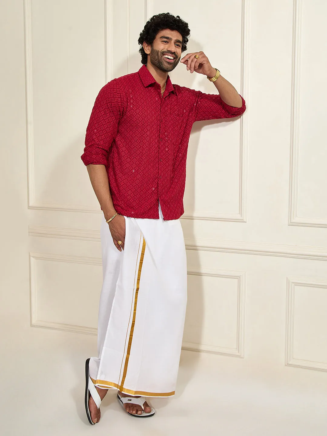 VASTRAMAY Men's Maroon Rayon Embellished Shirt