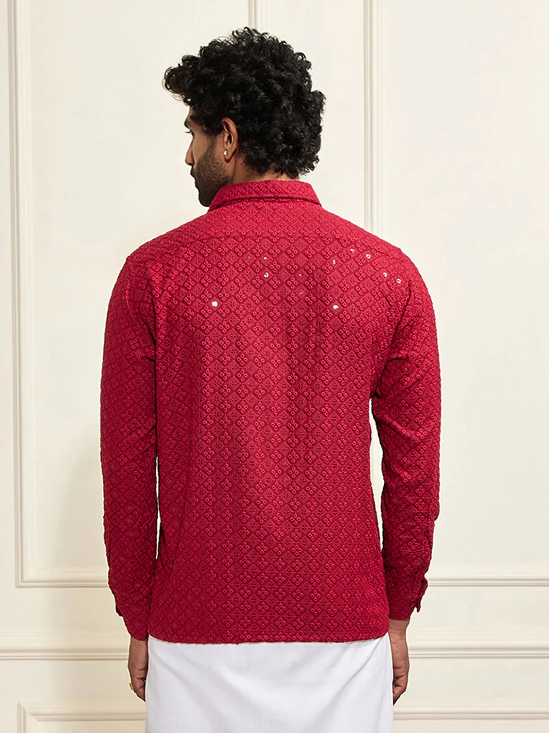 VASTRAMAY Men's Maroon Rayon Embellished Shirt