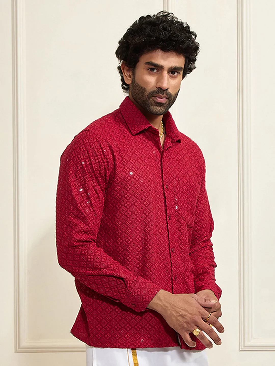 VASTRAMAY Men's Maroon Rayon Embellished Shirt