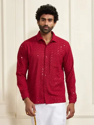 VASTRAMAY Men's Maroon Rayon Embellished Shirt