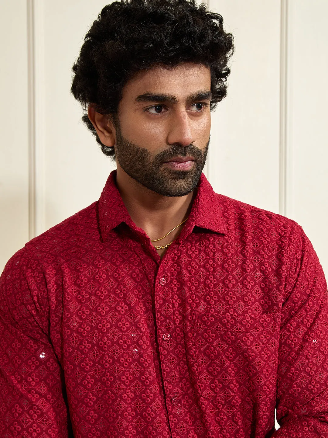 VASTRAMAY Men's Maroon Rayon Embellished Shirt