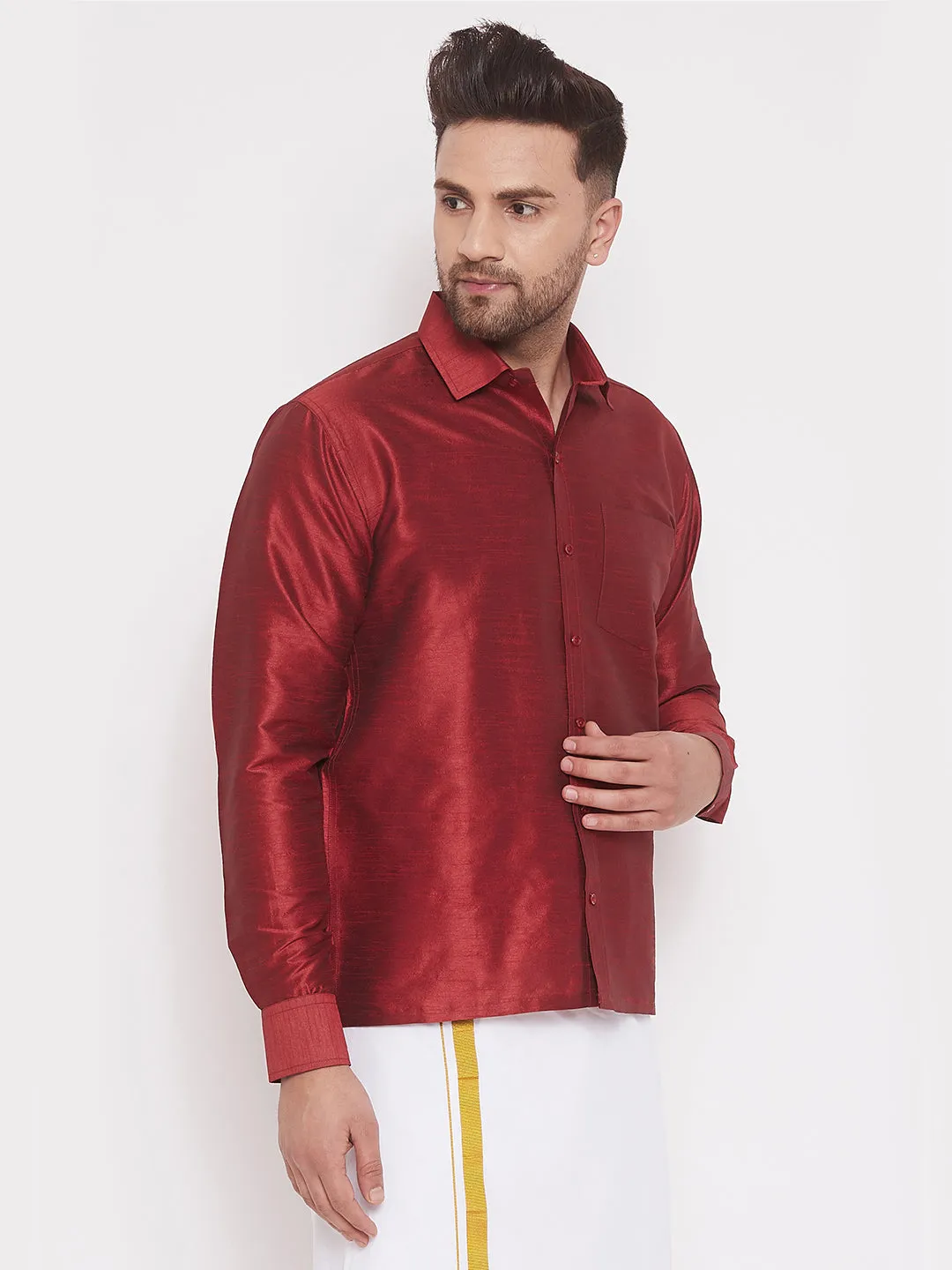 VASTRAMAY Men's Maroon Silk Blend Ethnic Shirt