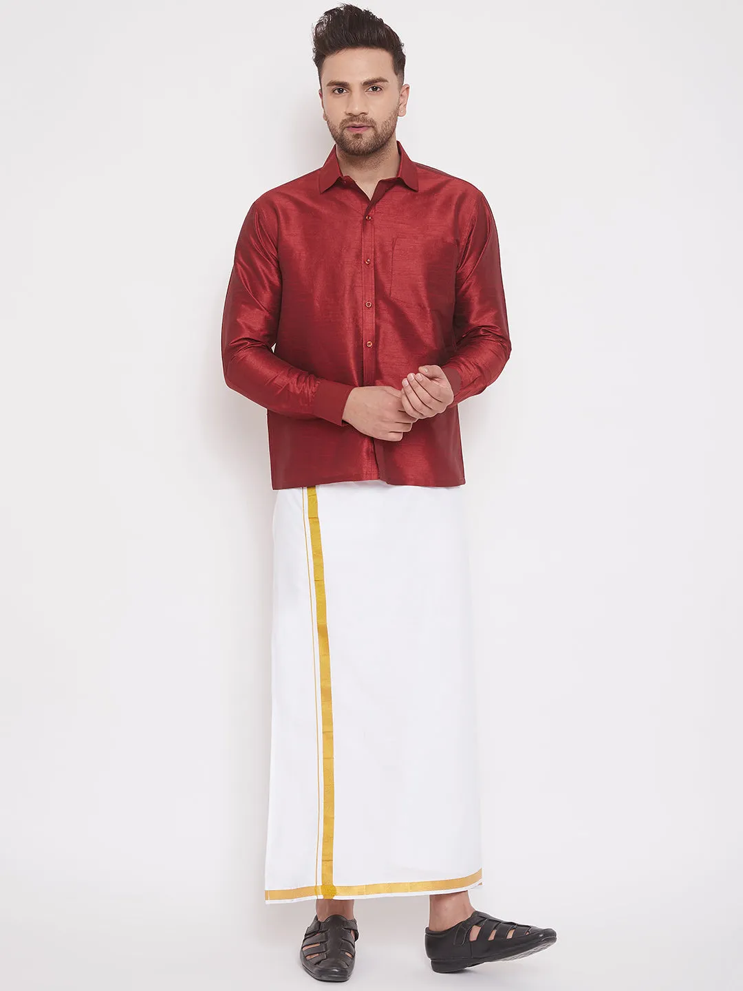 VASTRAMAY Men's Maroon Silk Blend Ethnic Shirt