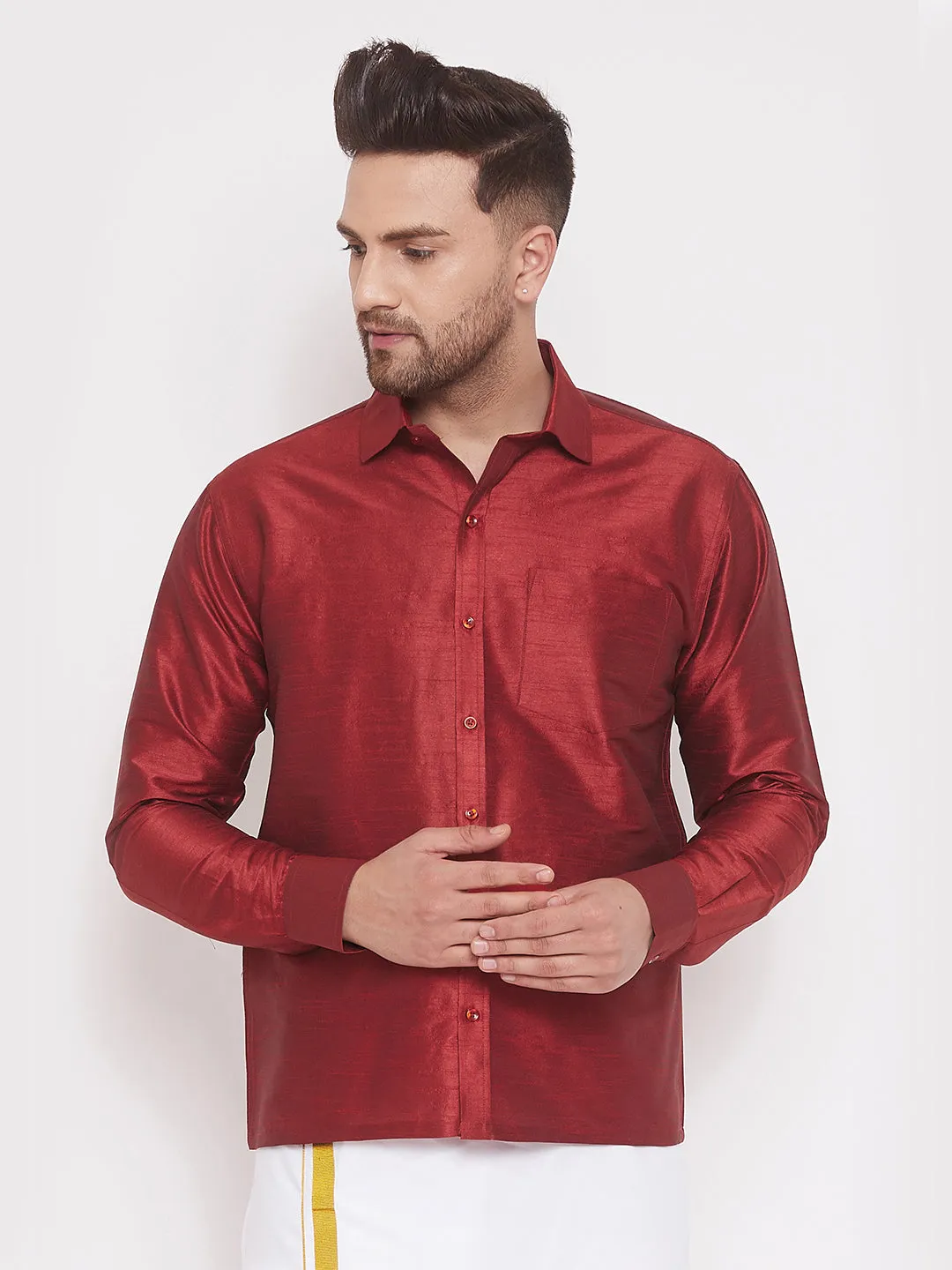 VASTRAMAY Men's Maroon Silk Blend Ethnic Shirt