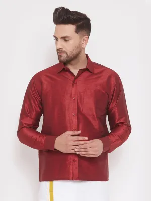 VASTRAMAY Men's Maroon Silk Blend Ethnic Shirt