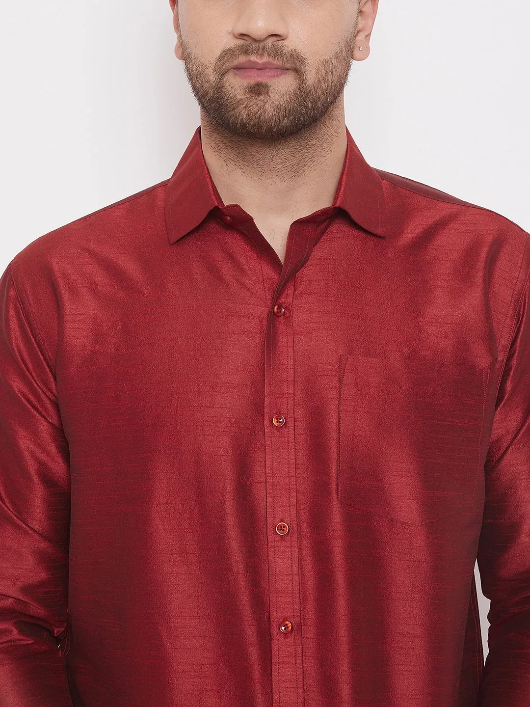 VASTRAMAY Men's Maroon Silk Blend Ethnic Shirt