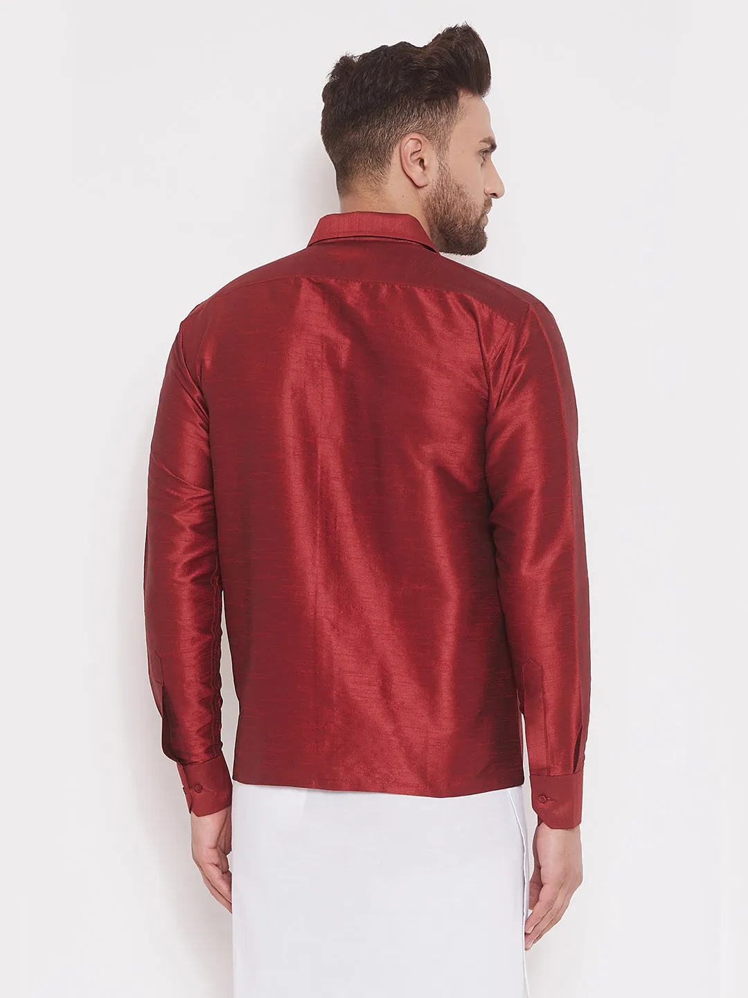 VASTRAMAY Men's Maroon Silk Blend Ethnic Shirt