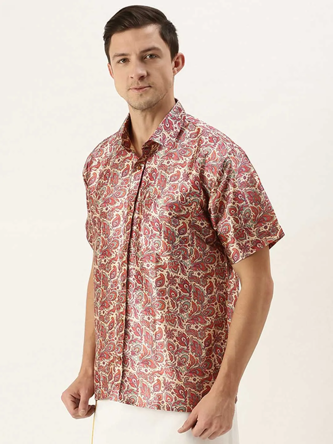 VASTRAMAY Men's Multi-color Silk Blend Printed Shirt
