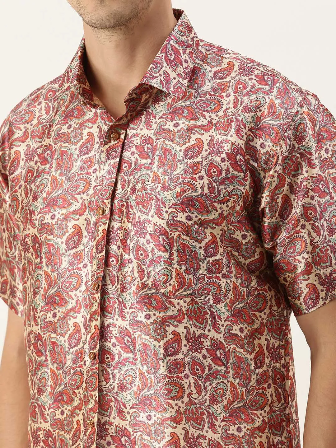 VASTRAMAY Men's Multi-color Silk Blend Printed Shirt