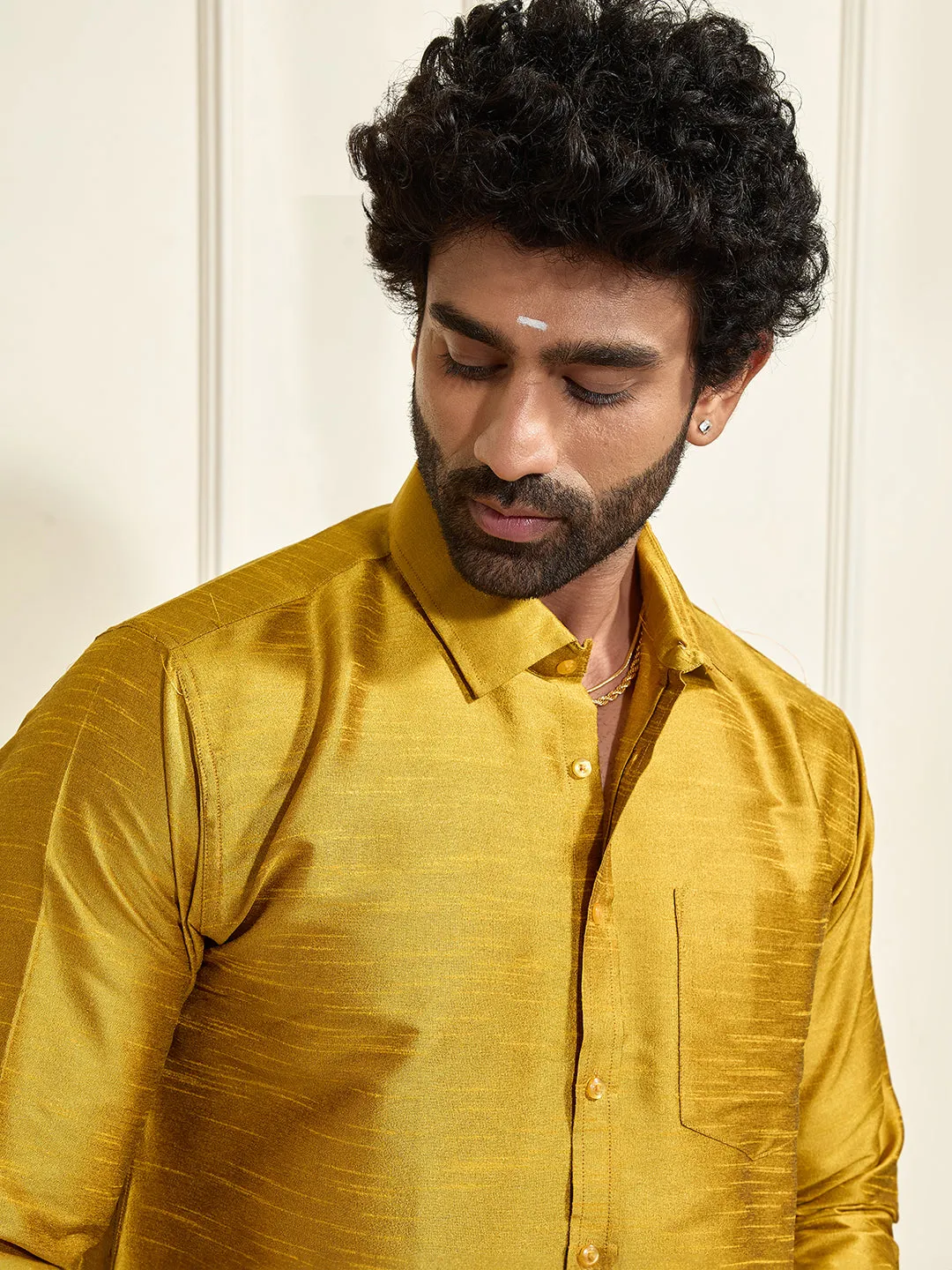 VASTRAMAY Men's Mustard Silk Blend Ethnic Shirt
