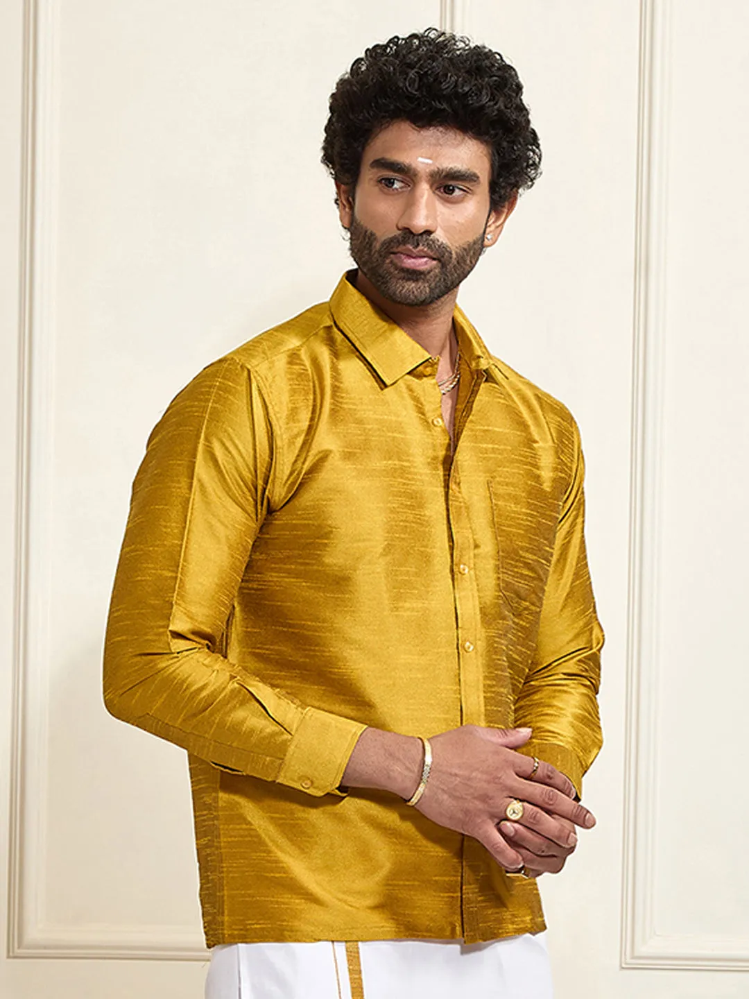 VASTRAMAY Men's Mustard Silk Blend Ethnic Shirt