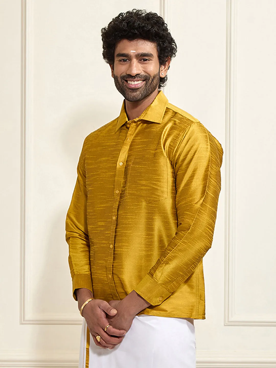 VASTRAMAY Men's Mustard Silk Blend Ethnic Shirt