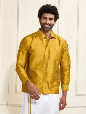 VASTRAMAY Men's Mustard Silk Blend Ethnic Shirt