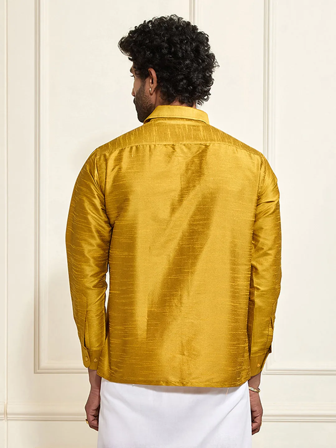 VASTRAMAY Men's Mustard Silk Blend Ethnic Shirt