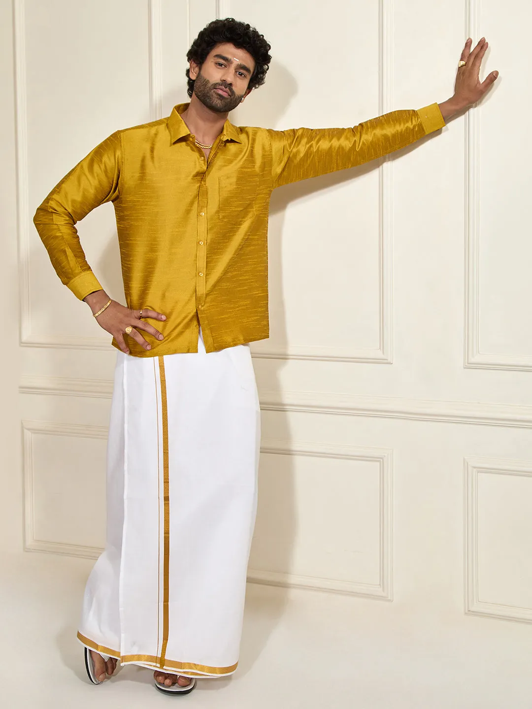 VASTRAMAY Men's Mustard Silk Blend Ethnic Shirt