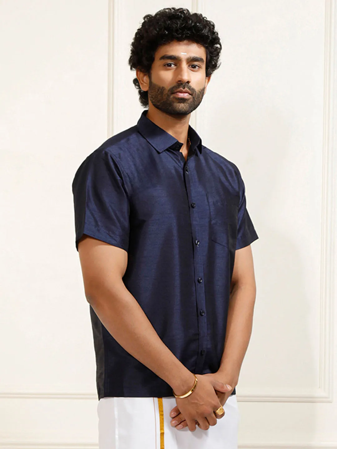 VASTRAMAY Men's Navy Blue Silk Blend Ethnic Shirt