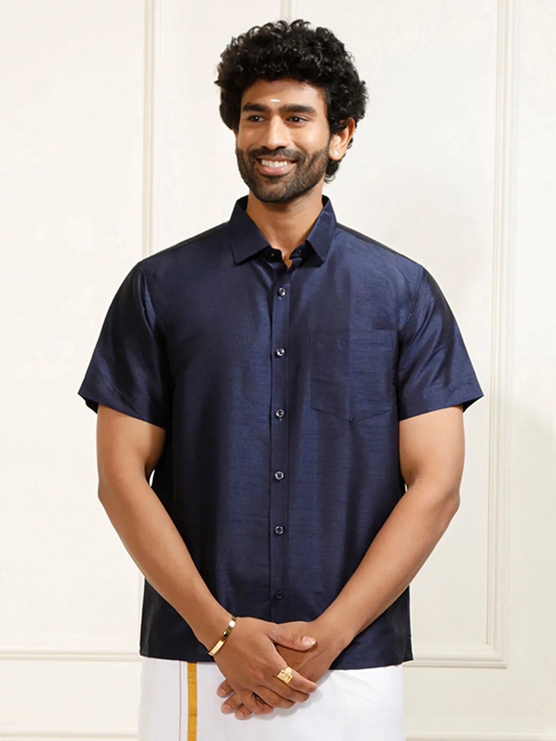 VASTRAMAY Men's Navy Blue Silk Blend Ethnic Shirt