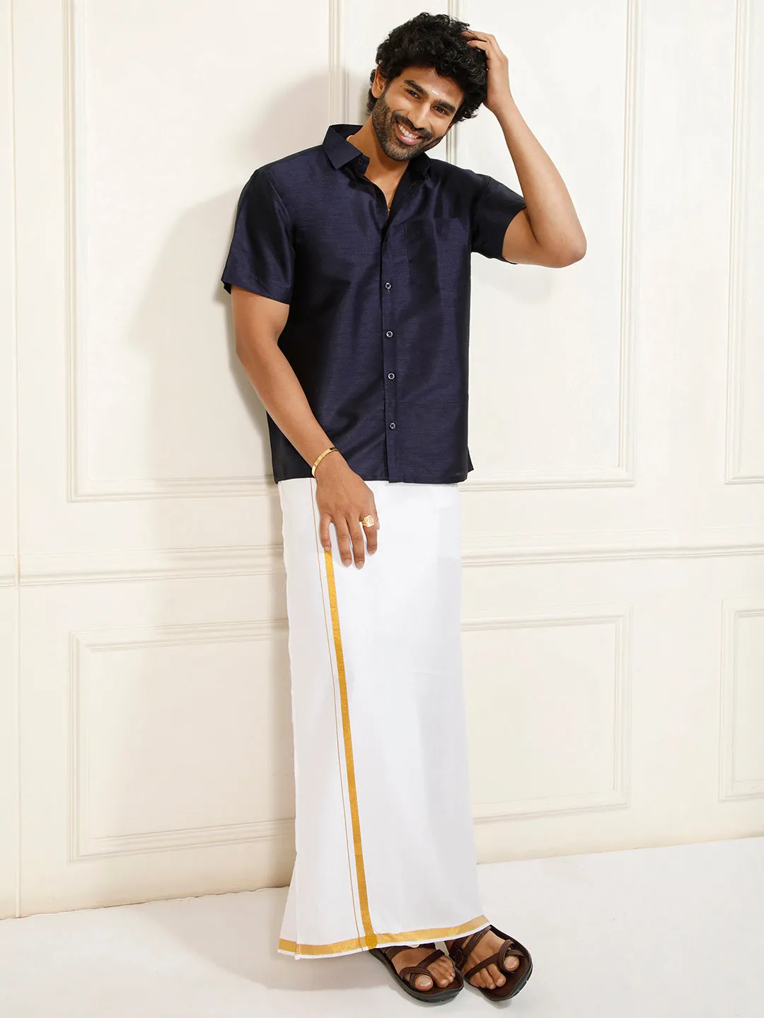 VASTRAMAY Men's Navy Blue Silk Blend Ethnic Shirt