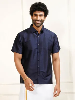 VASTRAMAY Men's Navy Blue Silk Blend Ethnic Shirt