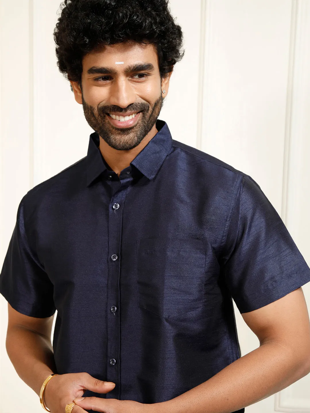 VASTRAMAY Men's Navy Blue Silk Blend Ethnic Shirt