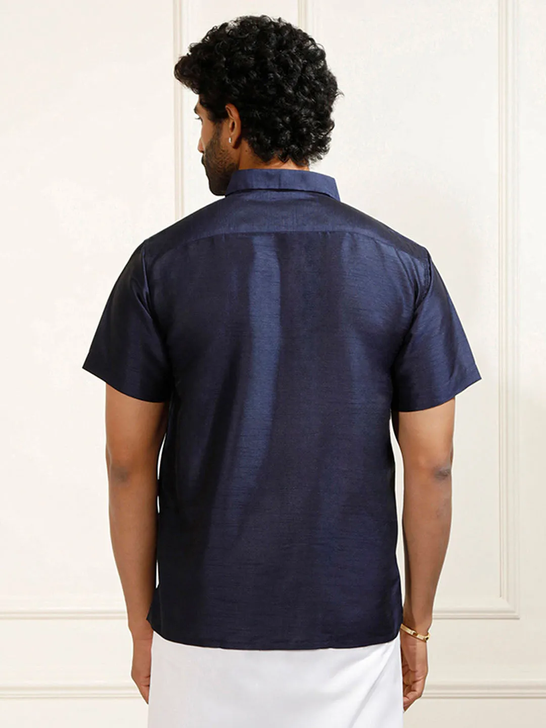 VASTRAMAY Men's Navy Blue Silk Blend Ethnic Shirt