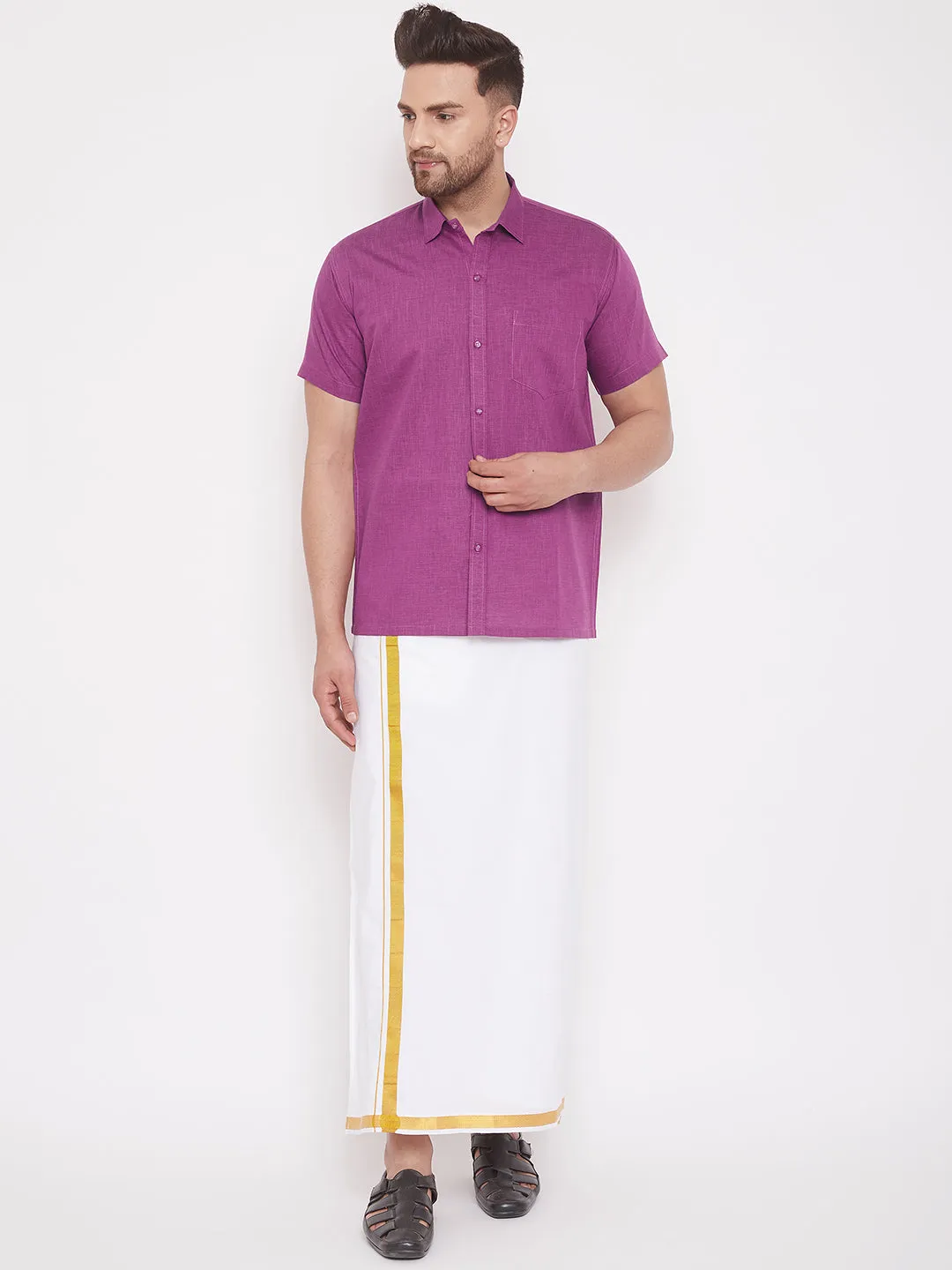 VASTRAMAY Men's Pink Cotton Blend Ethnic Shirt