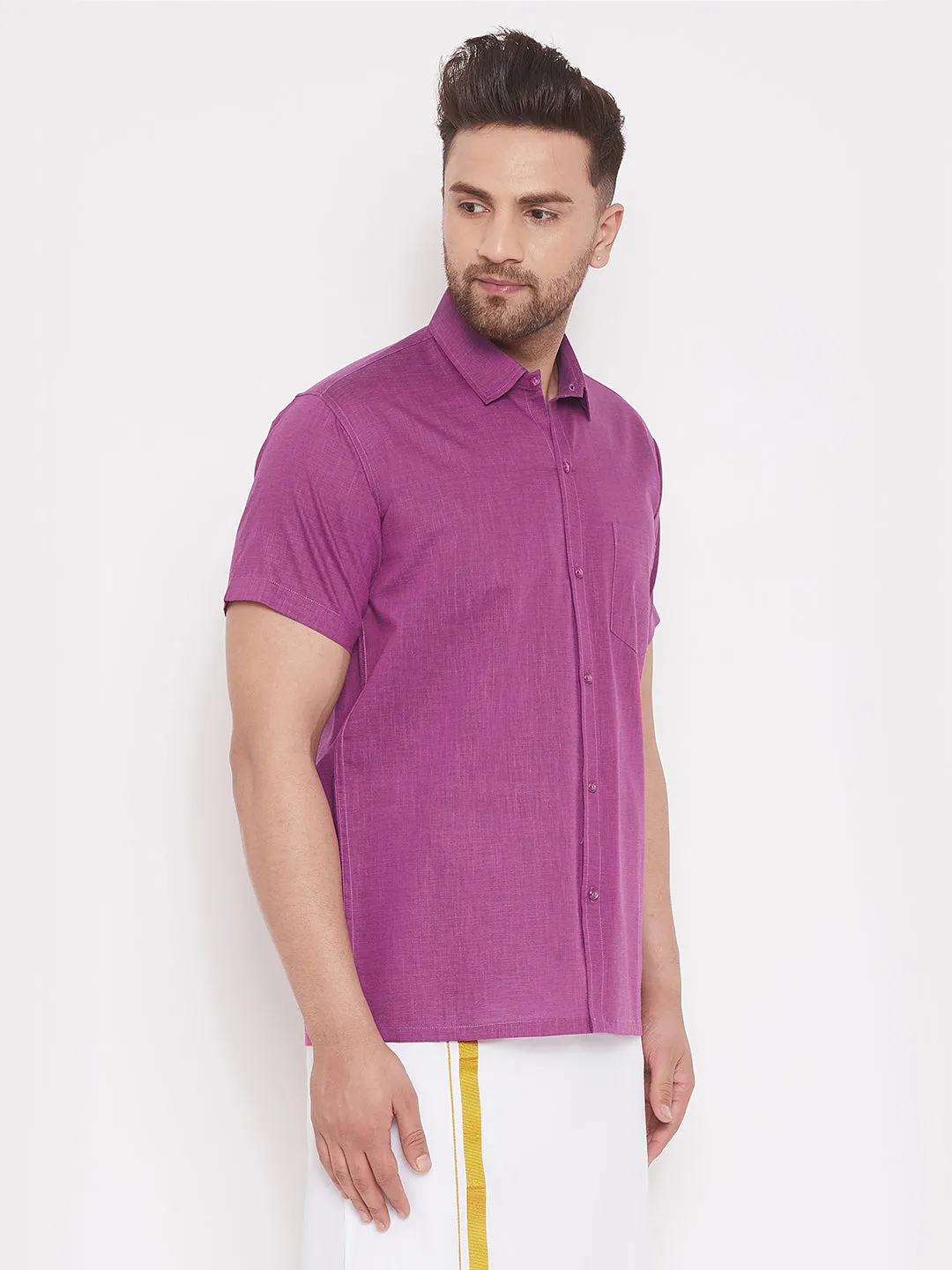 VASTRAMAY Men's Pink Cotton Blend Ethnic Shirt