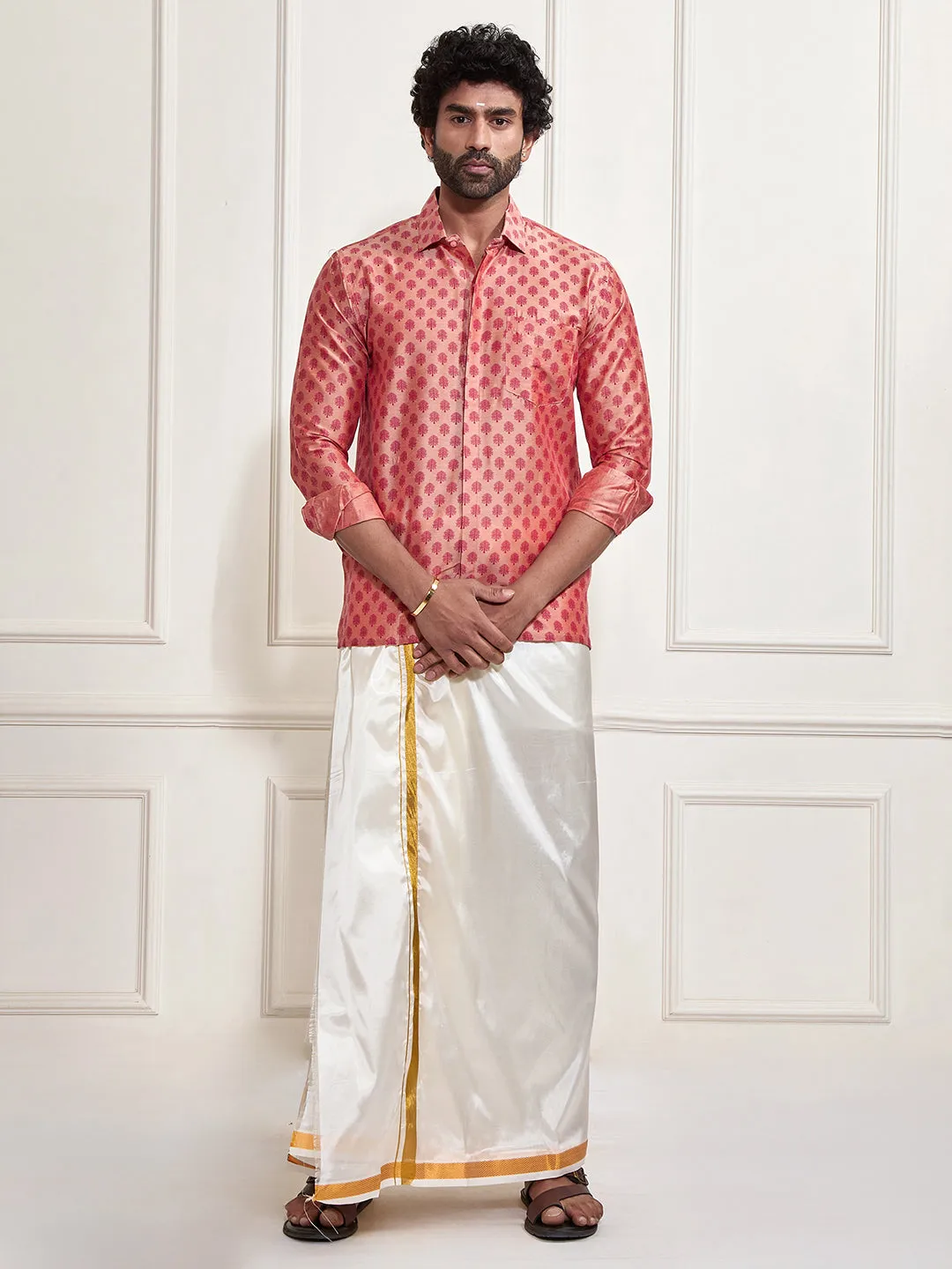 VASTRAMAY Men's Pink Poly Viscose Shirt And Mundu