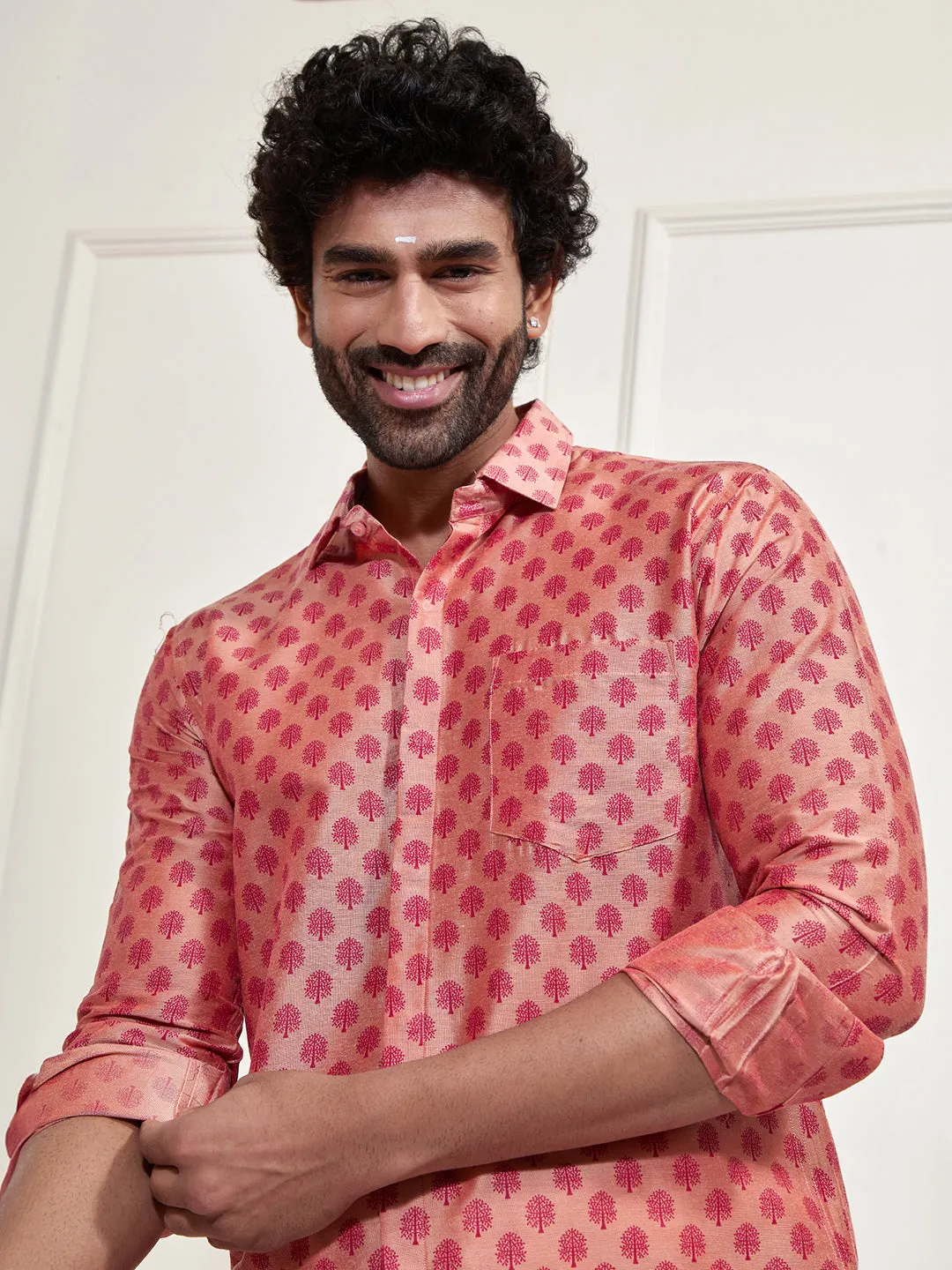 VASTRAMAY Men's Pink Poly Viscose Shirt And Mundu