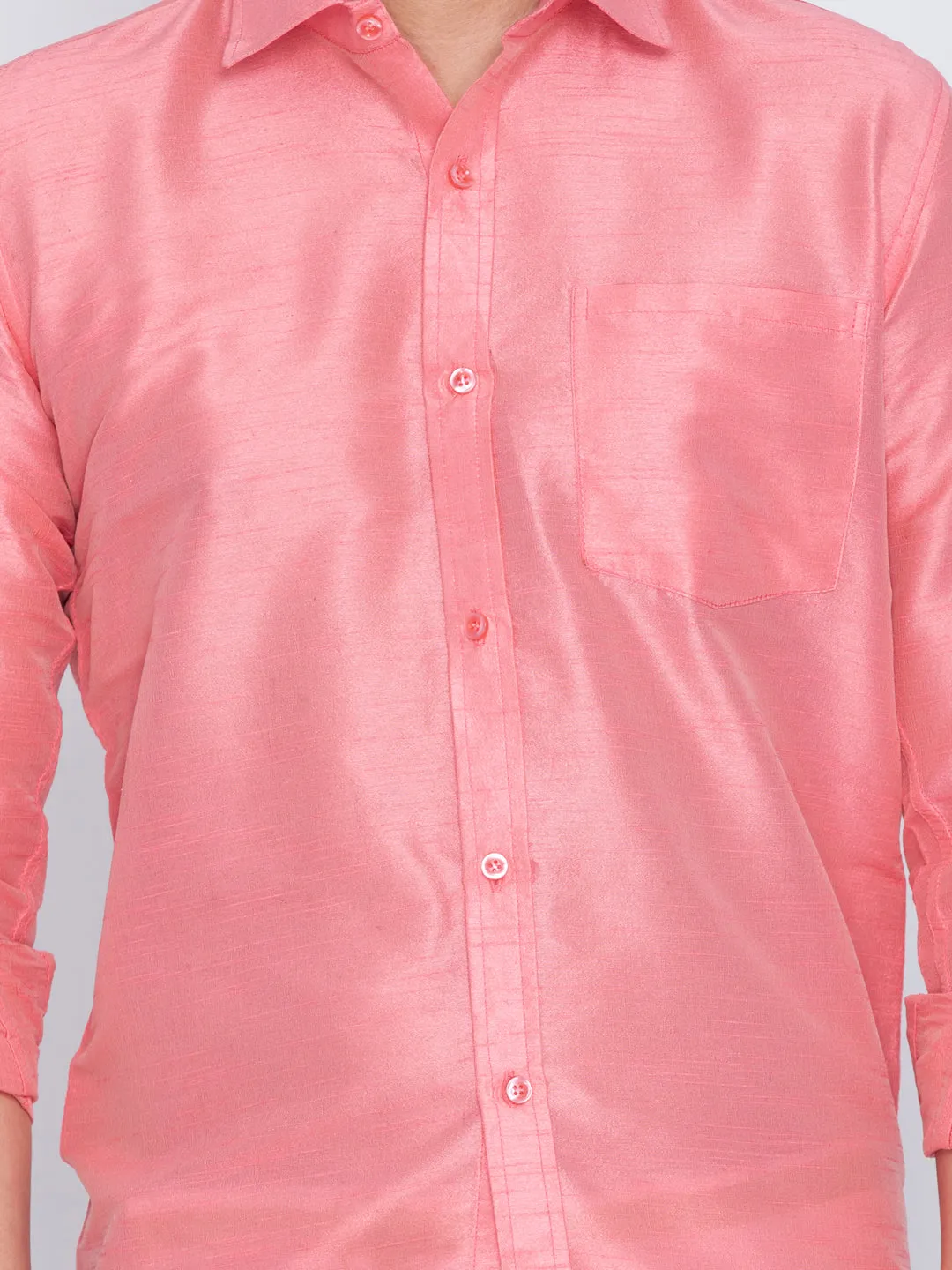 VASTRAMAY Men's Pink Silk Blend Ethnic Shirt
