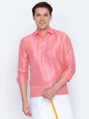 VASTRAMAY Men's Pink Silk Blend Ethnic Shirt