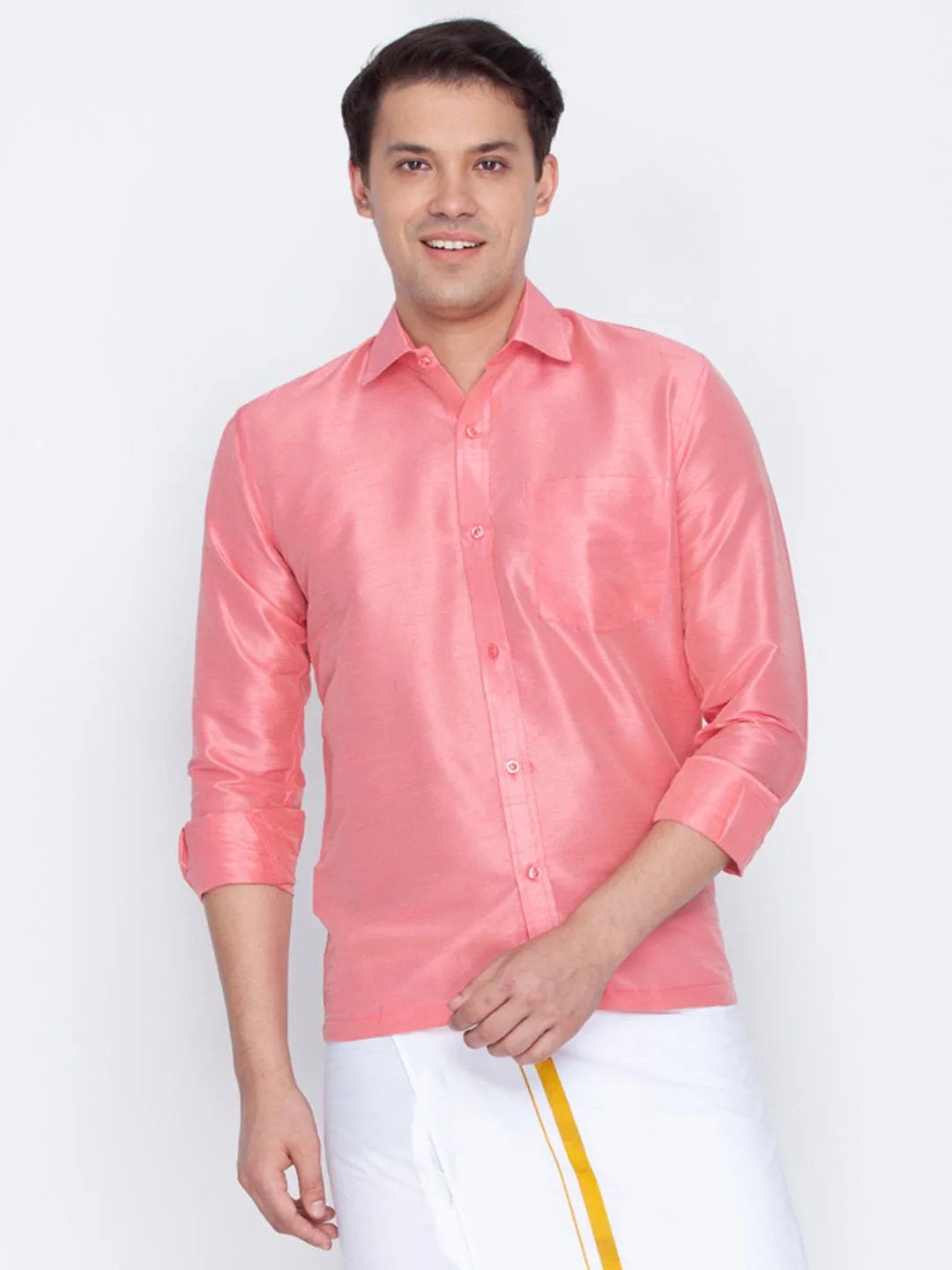VASTRAMAY Men's Pink Silk Blend Ethnic Shirt