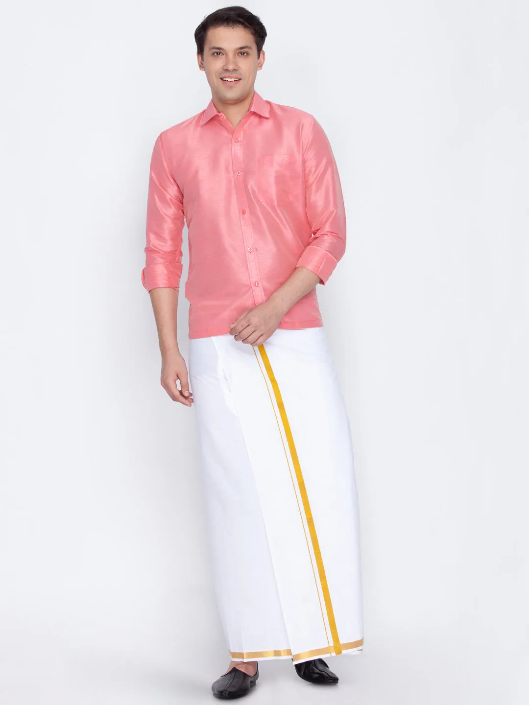 VASTRAMAY Men's Pink Silk Blend Ethnic Shirt