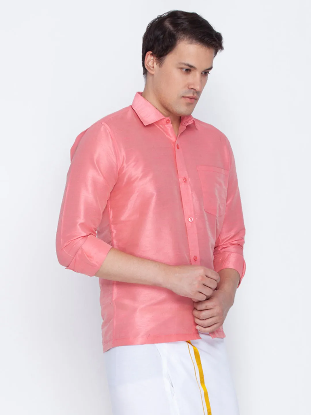 VASTRAMAY Men's Pink Silk Blend Ethnic Shirt