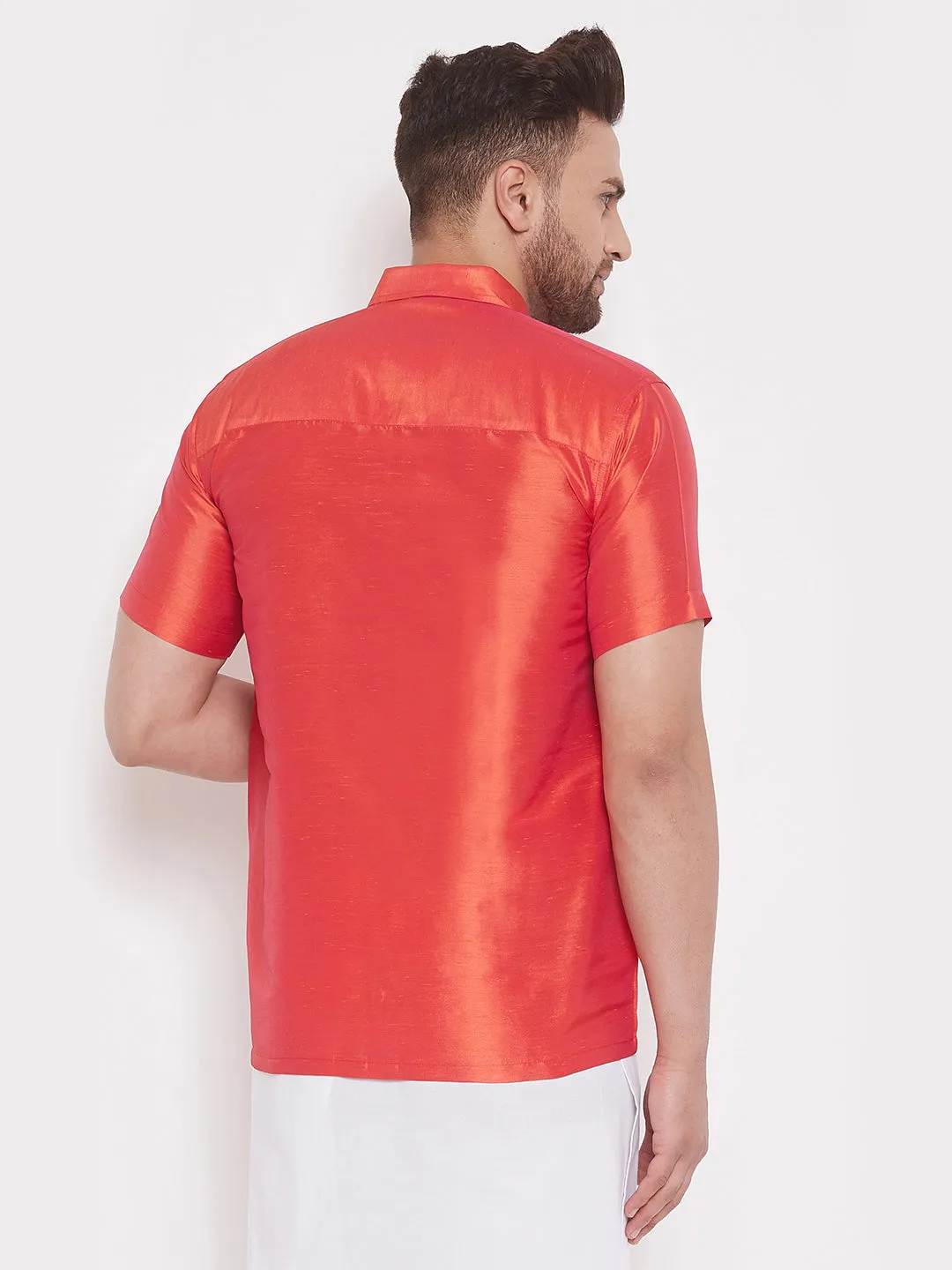 VASTRAMAY Men's Red Silk Blend Ethnic Shirt