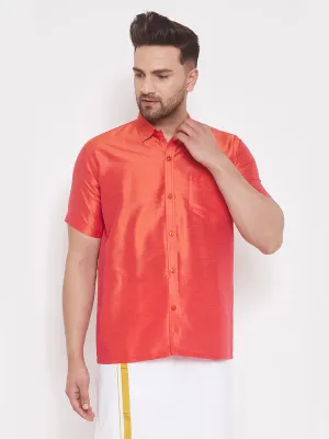 VASTRAMAY Men's Red Silk Blend Ethnic Shirt