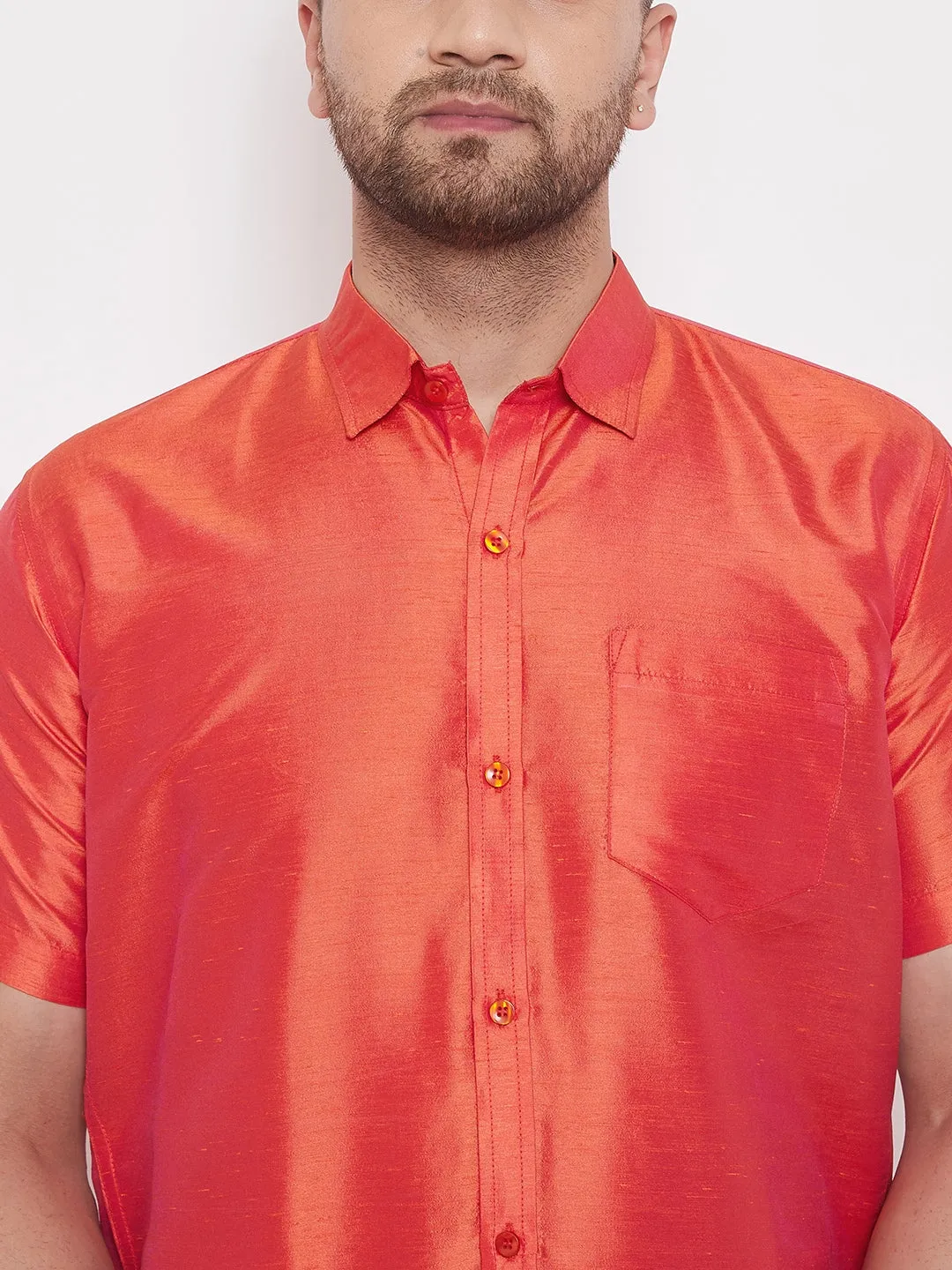 VASTRAMAY Men's Red Silk Blend Ethnic Shirt