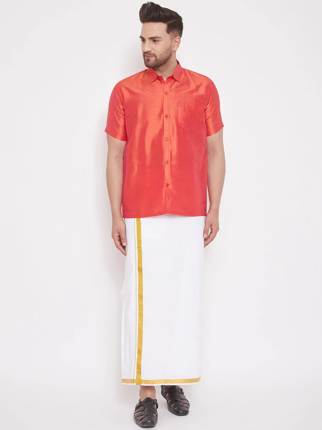 VASTRAMAY Men's Red Silk Blend Ethnic Shirt
