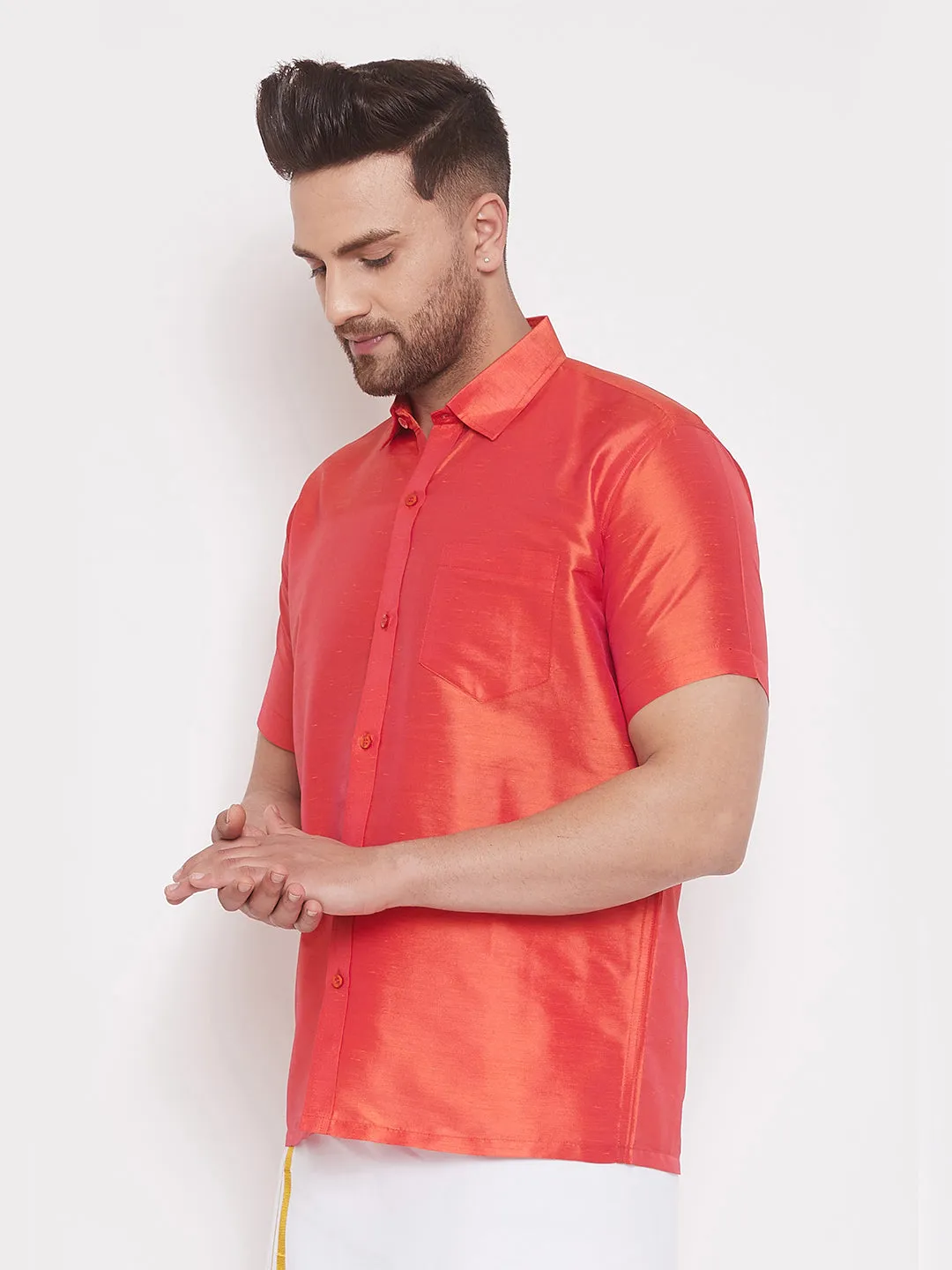 VASTRAMAY Men's Red Silk Blend Ethnic Shirt