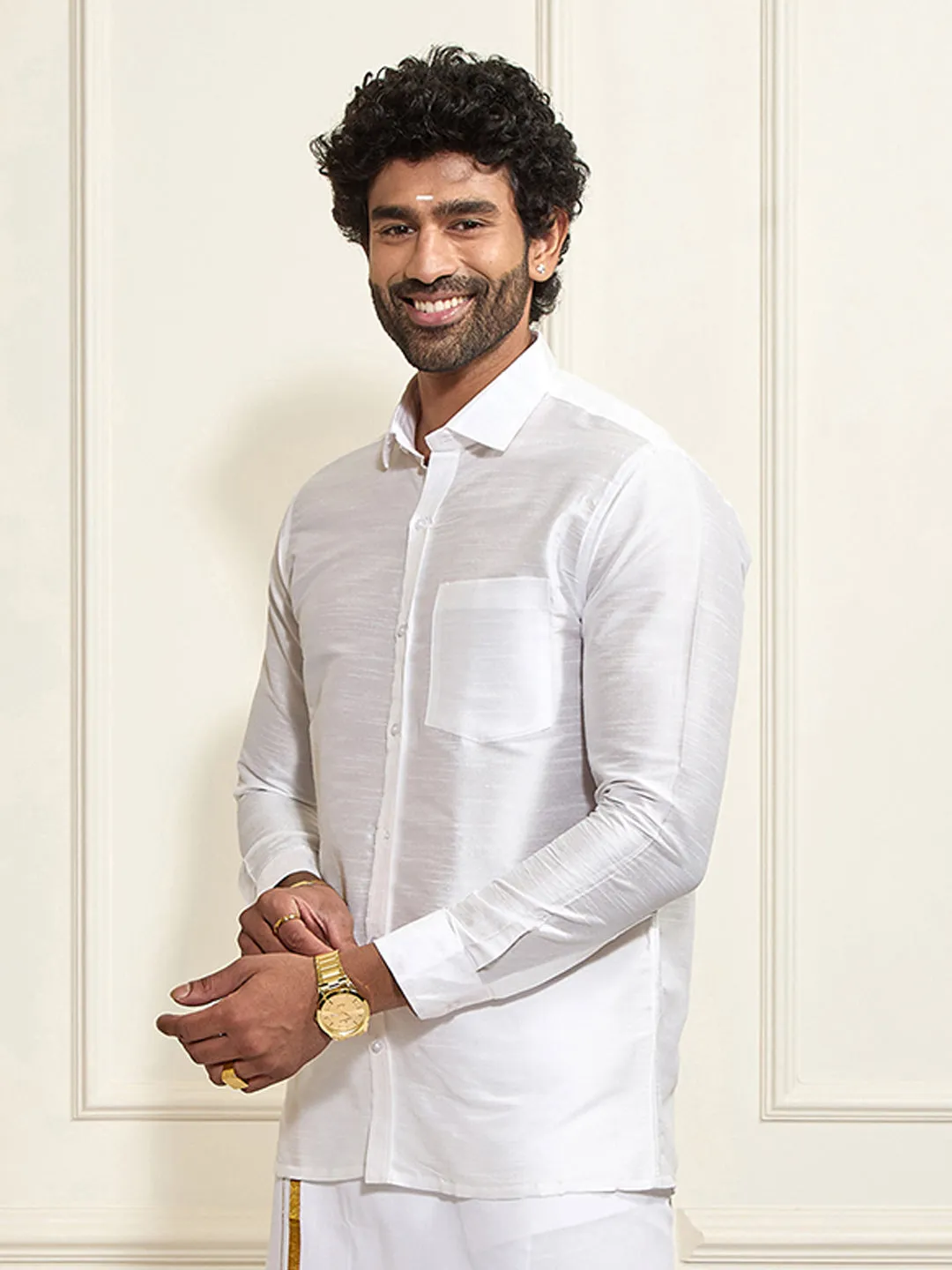 VASTRAMAY Men's White Silk Blend Ethnic Shirt