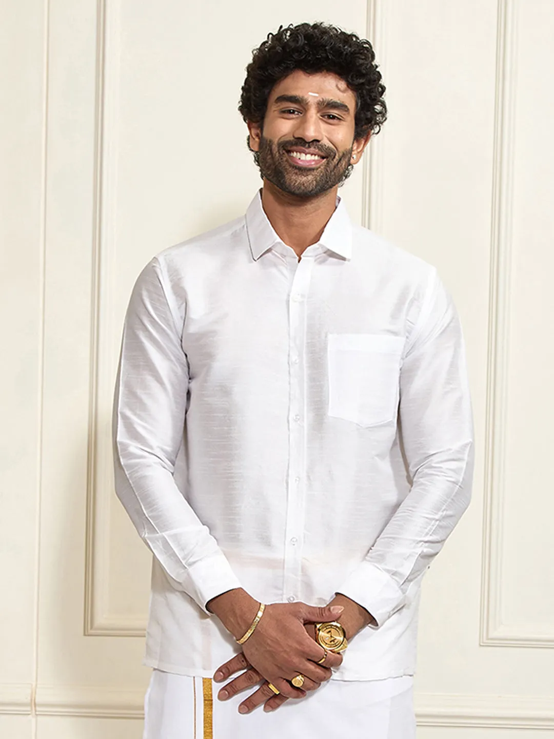 VASTRAMAY Men's White Silk Blend Ethnic Shirt