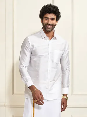 VASTRAMAY Men's White Silk Blend Ethnic Shirt