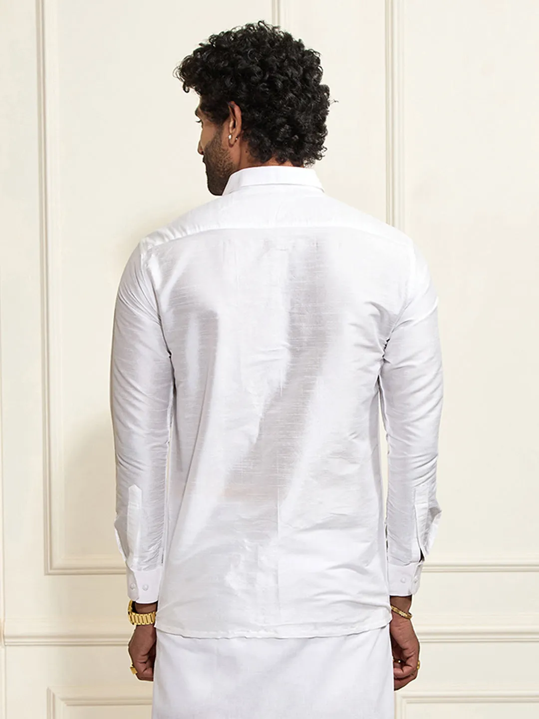VASTRAMAY Men's White Silk Blend Ethnic Shirt