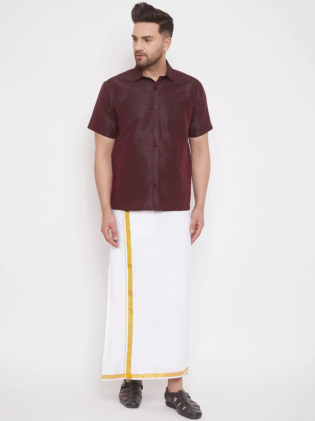 VASTRAMAY Men's Wine Silk Blend Ethnic Shirt