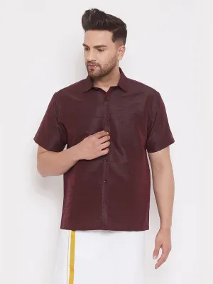 VASTRAMAY Men's Wine Silk Blend Ethnic Shirt