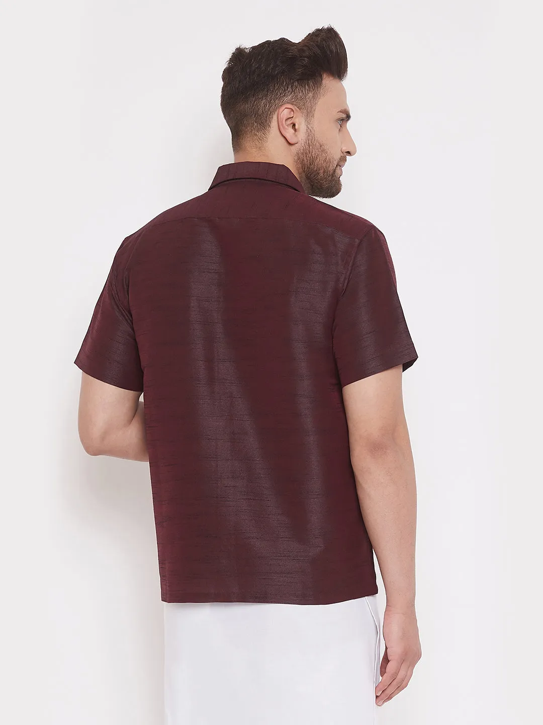 VASTRAMAY Men's Wine Silk Blend Ethnic Shirt
